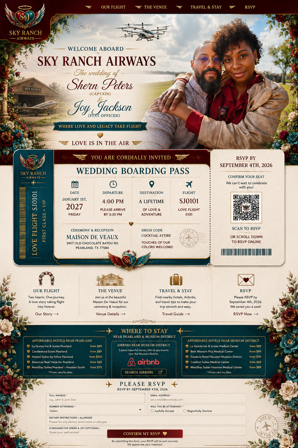 Sky Ranch Airways — Welcome aboard the wedding of Shern Peters and Joy Jackson. Wedding boarding pass: January 1st 2027, departure 4:00 PM, ceremony and reception at Maison De Veaux, Pearland, TX. RSVP by September 4th, 2026.